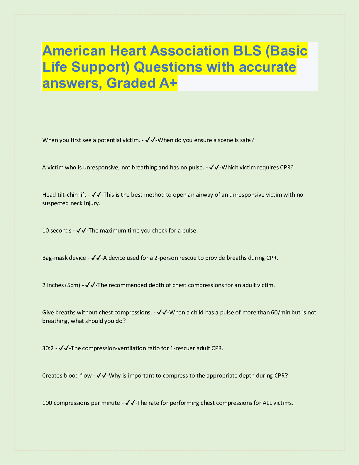American Heart Association BLS; (Basic Life Support) Questions And